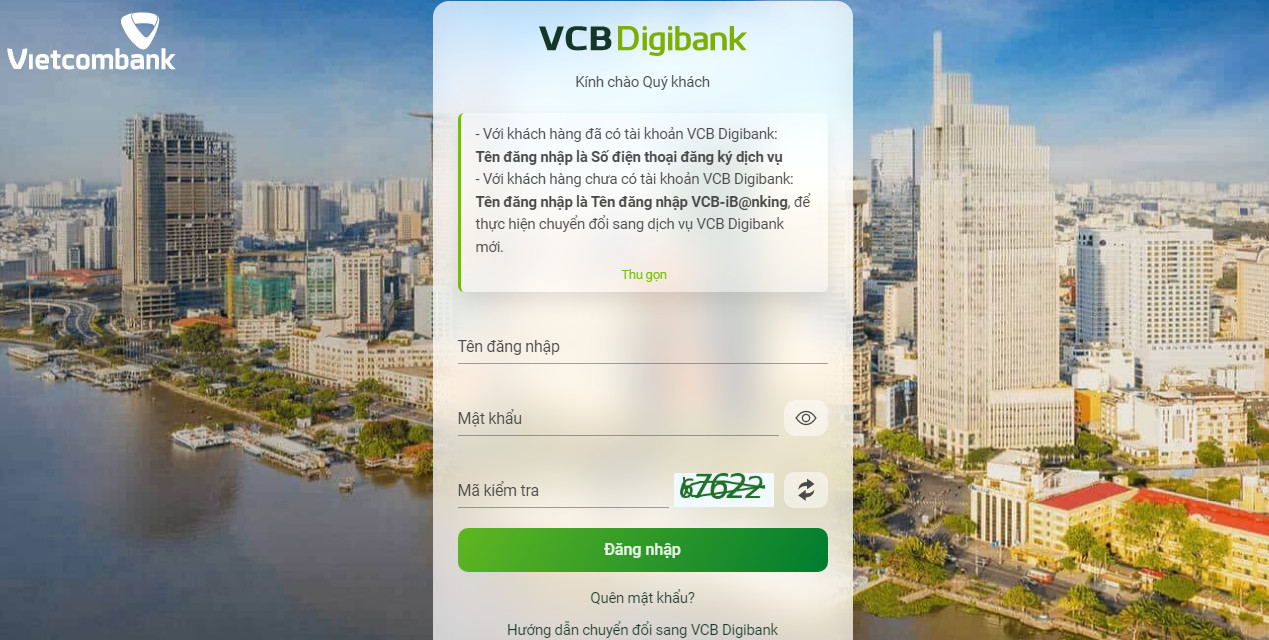 Trang đăng nhập dịch vụ VCB Digibank trên website